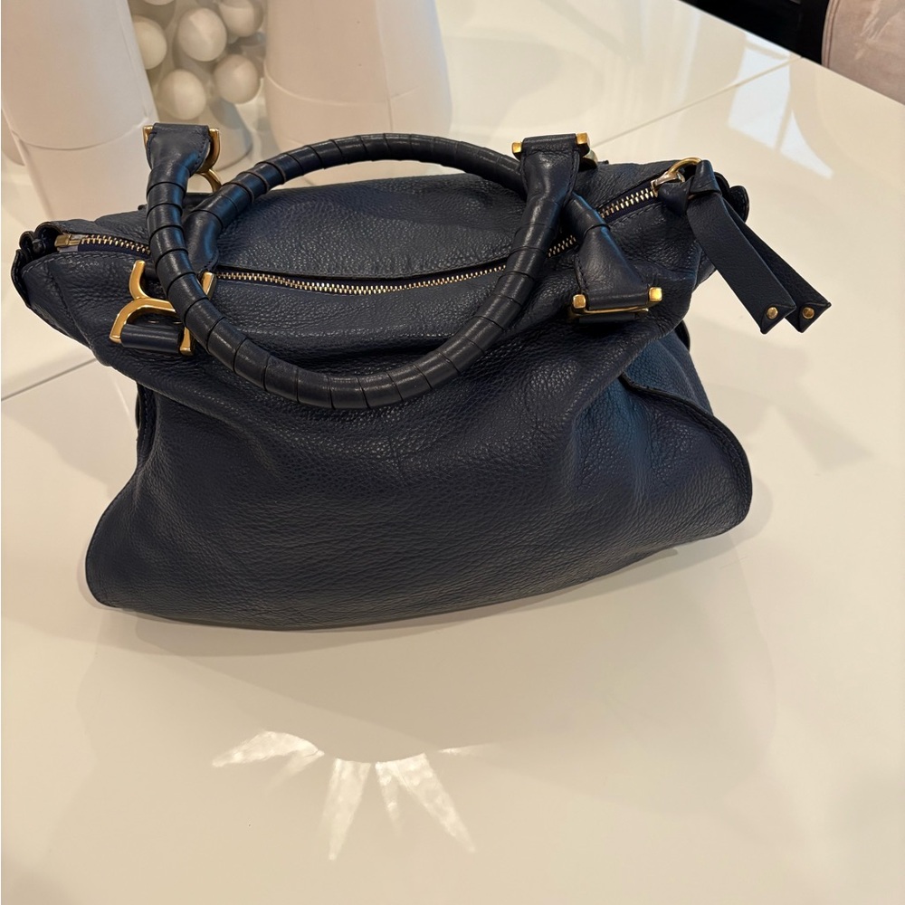 Chloe Dark Blue Satchel with Gold Accents - Picture 2 of 4